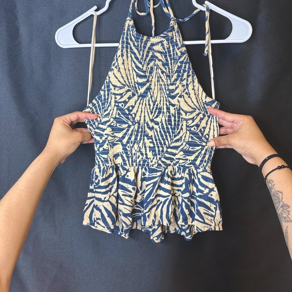 Y2K Navy and Beige Halter Top